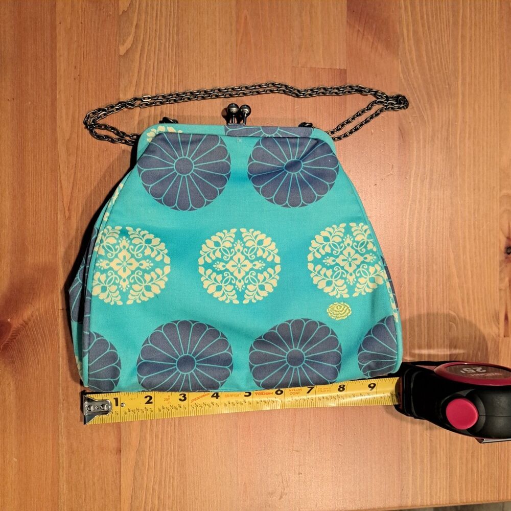 Amy Butler "Nora" clutch With Chain Pressed Flowers Mint Pattern - Picture 3 of 6